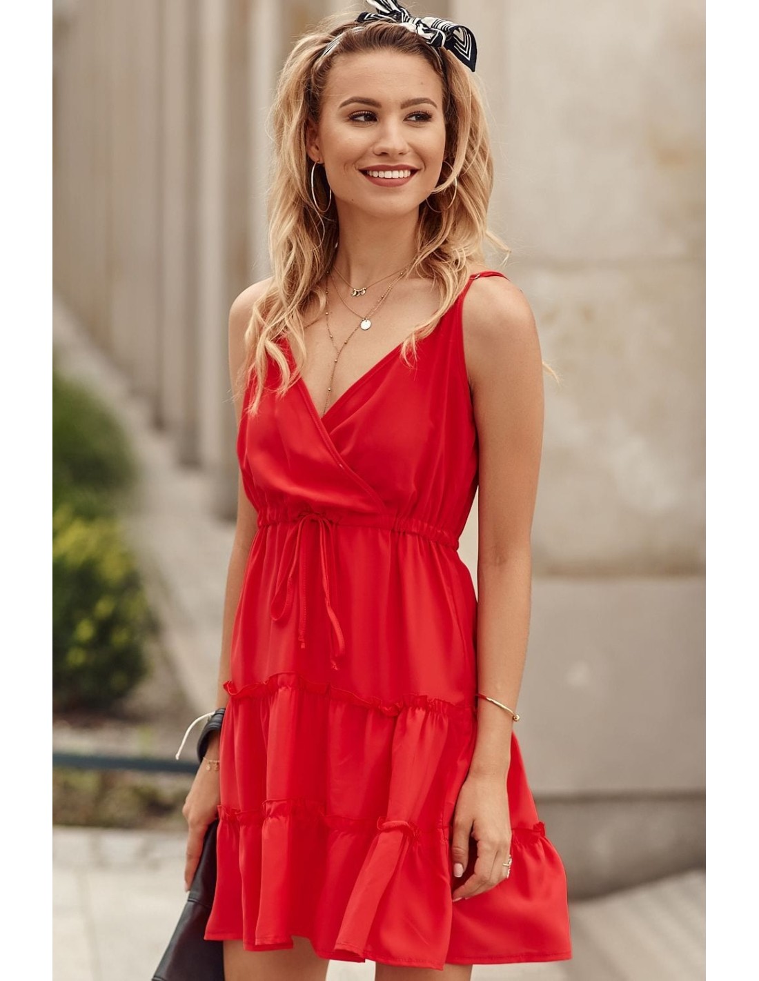 Delicate dress with a red envelope neckline PR3200 - Online store - Boutique